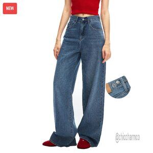 Adjustable Waist Baggy Jeans High Rise Wide Leg Denim Pants